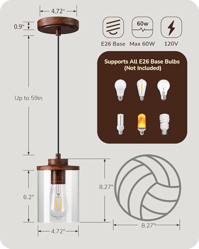 [Prime] 2-Pack EDISHINE Farmhouse Pendant Light w/ Wood Grain Finish & Clear Glass Shade (Walnut) - image 7