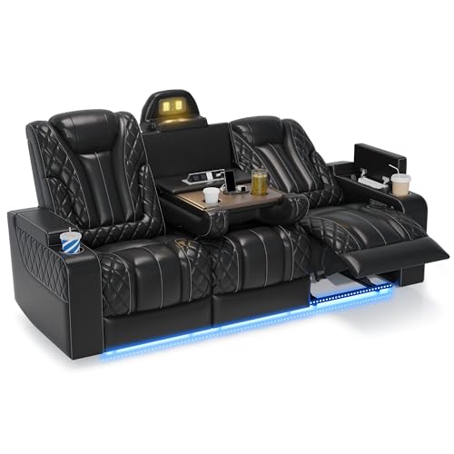 Home Theater Seating, Top Grain Leather Wall Hugger Recliner Loveseat Sofa Couch, Power Headrest...