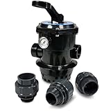 6-Wege Top-Mount-Ventil Ø 177 mm - Für Ø 50 mm Rohr - 1 1/2'' Innengewinde - Inkl. 3 PVC-Verschraubungen (50 mm) & Manometer - Filtern Rückspülen Nachspülen Winter Zirkulieren Entleeren