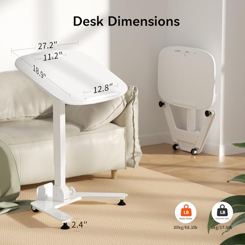 Image of WALKINGDESK Foldable Pneumatic Height Adjustable Mobile Standing Desk with 90 Tiltable Tabletop, 27.2x18.9 Inch Portable Laptop Desk with Wheels, Holds Up to 66.1lbs for Home Office, Study, White