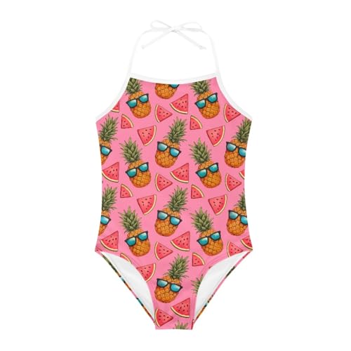 Image of KiuLoam Orange Pink Tropical Leaf Girls One Piece Swimsuit Quick Dry Beach Swim Bathing Suit for 3-8 Years Little Girls