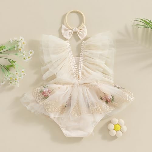 Newborn Baby Girls Rompers Flower Embroidery Mesh Tulle Dress with Headband Infant Summer Outfits4