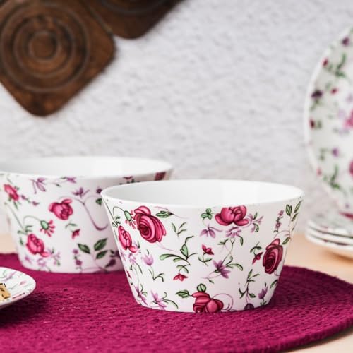 Image of GOLDEN QUEEN'S Bone China Bowls Set of 2 | Ideal for Snacks, Noodles, Ramen, Salad, Cereals, Rice | Microwave Safe | Handcrafted - Button Rose, 500 ml