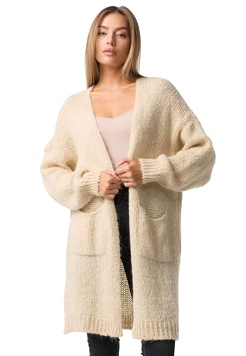 PM SELECTED Damen Lang Strickjacke Langarm Cardigan incl. Taschen mit Mohair Anteil in Einheitsgröße PM69 (Beige)