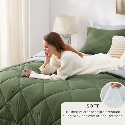 Image of Bedsure King Size Comforter Set - 7 Pieces Reversible Olive Green Bedding, King Size Bed Set for All Seasons, Bed in a Bag with Down Alternative Comforter, Sheets, Pillowcases & Shams