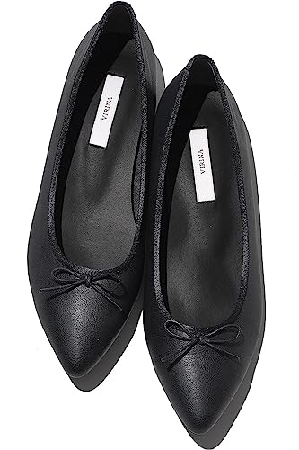 [VIRINA] バレエシューズ レディース 日本製 晴雨兼用 撥水 抗菌 防臭 低反発 クッション ポインテッド リボン バレエシューズ 耐水性 合皮 シューズ ポーチ付き 25.5cm ブラックのサムネイル