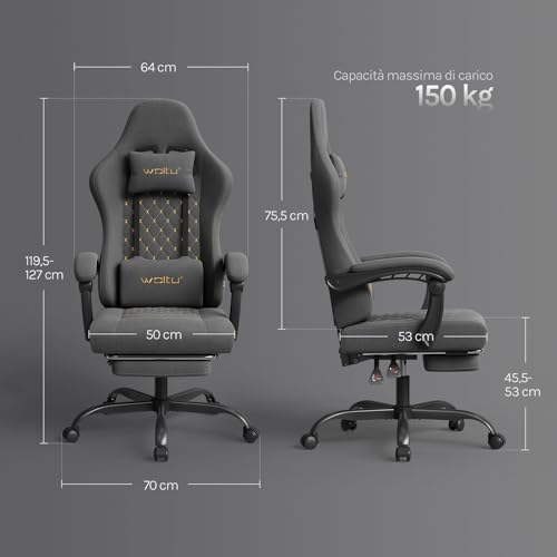 Sedia Gaming con Massaggio, Sedia da Ufficio Ergonomica Girevole Ampia Imbottita per Computer con Cuscino Lombare Massaggiante, Carico 150 Kg, Tessuto Tecnologico, Grigio+Giallo - Sedia gaming - Immagine 2