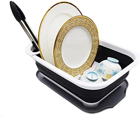 SAMMART Collapsible Dish Drainer - Foldable Drying Rack - Portable Dinnerware Organizer - Space Saving Kitchen Storage (1, White/Grey (w/o base board))