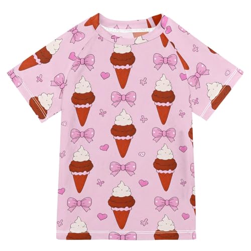 ALAZA Kids Rash Guard Girls Toddler Swim Shirts Short Sleeve Pink Bow Ice Cream UPF 50+ 3T