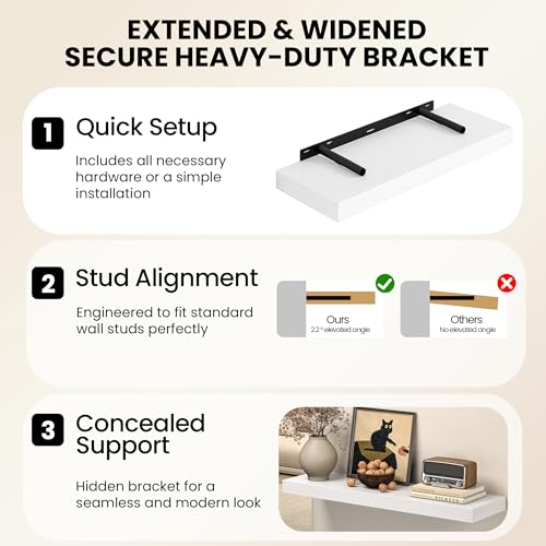 Image of Fun Memories 30Inch Floating Shelves for Wall, 8 Inch Deep Shelves for Bathroom|Bedroom|Kitchen Wall Mounted, Wood Hanging Shelf with Invisible Brackets for Home Storage Decor, White - 3 Pack