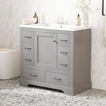 36" Vanity Bathroom Cabinet with Sink Top, Six Multi-Functional Drawers, Adjustable Shelf, Soft-Closing Door, Grey