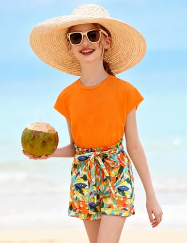 Image of Arshiner Girls 2 Piece Outfit Summer Drop Shoulder Batwing Sleeve Tops and Paperbag Waist Shorts Set Cute Clothing Size 6-14