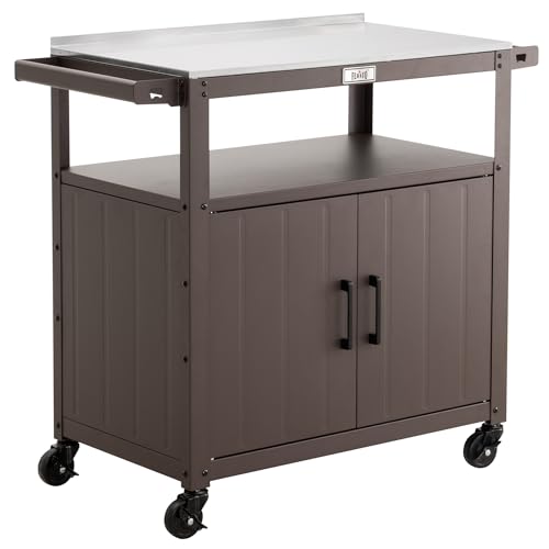 Outdoor Grill Cart with Stainless Steel Tabletop and Storage Cabinet, Movable Kitchen Island with Wheels for BBQ Food Prep, Brown