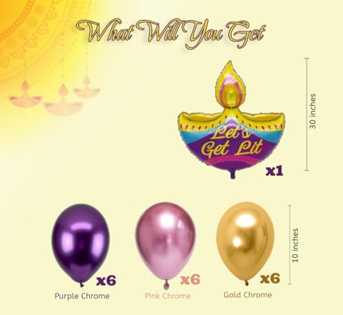 Image of AMFIN (Pack of 19) Happy Diwali Diya Shape Foil Balloon with Chrome Balloons - Multi