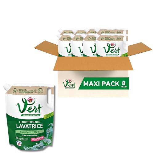 Vert - Ecodetergente Lavatrice - Fragranza Eucalipto e Aloe, 100% Origine Naturale, Funzione Extra Smacchiante, Efficace a Freddo e nei Lavaggi Brevi, Ipoallergenico - 8 Flaconi da 1200 ml, 30 Lavaggi