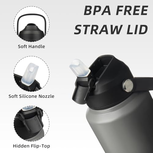 Image of BJPKPK Water Bottle with Straw Lid, 32oz Vacuum Insulated Water Bottles, Metal Stainless Steel Thermo for Sports, Travel, BPA Free Leak Proof Thermo, Cups, Flasks, Tumblers,Black Grey