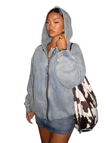 Women's Oversized Fit Hooded Vintage Washed Denim Bomber Jacket with Front Zip Closure