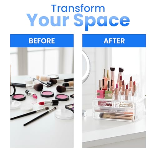 Clear Cosmetic Storage Organizer - Easily Organize Your Cosmetics, Jewelry and Hair Accessories. Looks Elegant Sitting on Your Vanity, Bathroom Counter or Dresser. Clear Design for Easy Visibility.