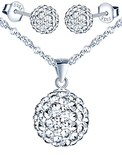 Yumilok Ensemble de bijoux boule de cristal Shambhala, collier et boucles d'oreilles femme fille, bijoux en argent 925, collier pendentif boule de cristal brillant, clou d'oreille strass Shambhala