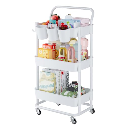 Image of Buzowruil 3-Tier Rolling Utility Cart, Storage Cart with Handle Multi-Purpose and Locking Wheels,with Hanging Basket and Hook for Office, Kitchen, Bathroom,White