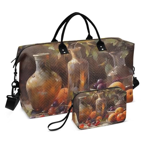 Large Travel Duffel Bag, Bottle and Orange Sports Tote Gym Bag, Shoulder Weekender Overnight Bag for Women Men, Carry On Luggage with Toiletry Bags