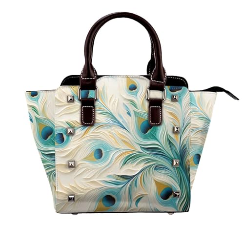 Leather Shoulder Bag for Women, Peacock Feathers Studded Purse Bohemian Crossbody Handbags Punk Hobo Bag with Adjustable Strap