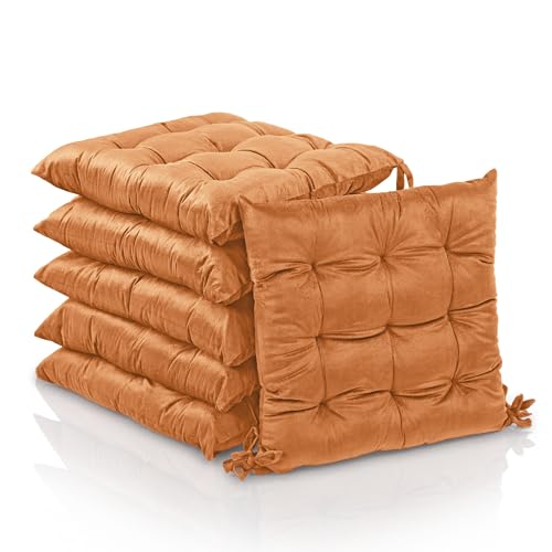 Image of Kuber Industries 6 Pcs Heavy Velvet 16 Inch Chair Pad Cushion with Drawstrings for Dining, Office & Home | Soft Seat Pad | Support for Long Sitting | Golden