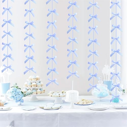 Image of Blue Ribbon Bow Hanging Garland Banner for Baby Shower Blue Bow Party Decorations Girls Bow Birthday Decoration Tying The Knot Bridal Shower Party Room Decor 6pcs