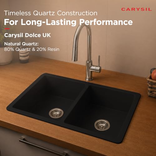 Image of Carysil DOLCE UK Quartz Kitchen Sink 34 x 20 x 8 inches, Single Bowl, 80% Quartz & 20% Resin, Heat Resistant 300C, 50kg Load, Scratch & Stain Resistant, Granite Sink, 304 SS Coupling - Pearl Black