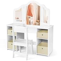 COSTWAY Kids Vanity Set, Children Dressing Table with Tri-Folding Detachable Mirror, 4 Storage Bins, Girls Makeup Tables for Playroom Bedroom (White with Stool)