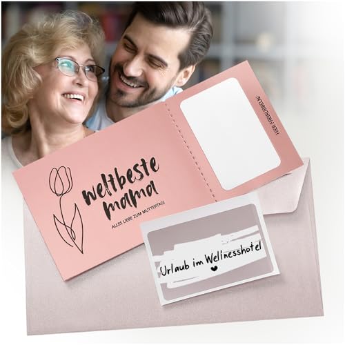 Festicy Personalisierbare Muttertagskarte I Rubbel-Ticket in Roségold inkl. Umschlag I Mit Liebe zum Detail gestaltet I Geschenk für Mama I 180 x 85 mm I Muttertagsgeschenk personalisiert