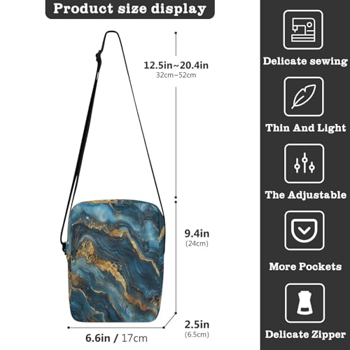 messenger bag crossbody mens crossbody bag Cross Body Purses Adjustable Strap for Travel Travel- Blue and Gold Marble Texture3