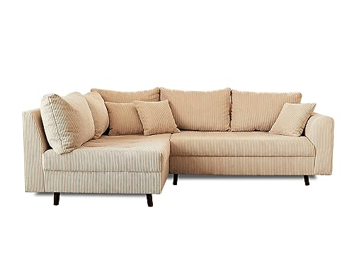 Lisa Design - Canapé d'angle Convertible - Angle Gauche - Rune en Velours Côtelé - Canapé Lit - Sofa Beige 4 Places - Salon