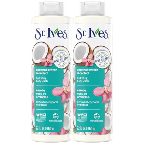 St. Ives Body Wash, Coconut Water & Orchid Hydrating Shower Gel 2-Pack, 100% Natural Extracts, Cruelty-Free, 22 Oz Ea