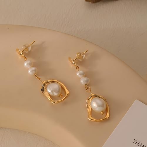Long Baroque Pearl Drop Earrings Gold Statement Real Pearls Dangle Earrings for Women4