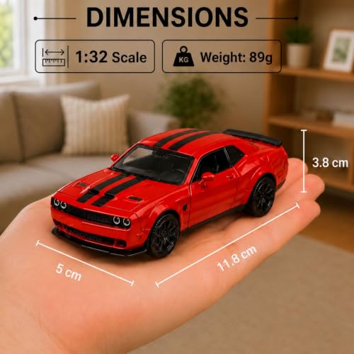 Image of GRAPHENE 1:32 Scale Challenger Muscle Car Die-Cast Alloy Toy with Openable Doors, Light & Sound - Pull Back Action Racing Vehicle for Kids Boys Girls (Ages 3+) (Red)