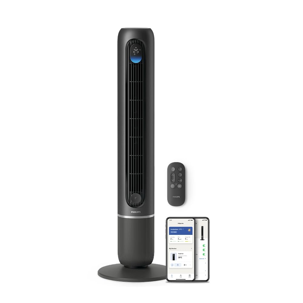 PHILIPS Ventilateur Colonne Série 7000 - Ventilateur connecté, Puissant 8,4 m/s, ultra-silencieux 22 dB, mode Sommeil, 12 vitesses, affichage température, minuterie 12h, oscillation 80° (CX7550/01)