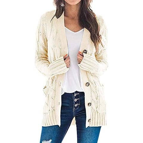 TARSE Women's Open Front Long Sleeve Cardigan Sweater Cable Knit Pocket Outwear - Beige - Small Cover