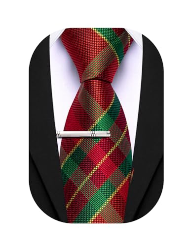 Image of Barry.Wang Plaid Ties Mens Silk Necktie and Tie Clip Checkered Tie for Wedding Party Business Formal