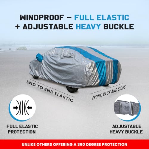 Image of i10 Waterproof Car Cover with Mirror Pockets, Silver /Blue Stripes Design, Non Woven Fabric,Triple Stitched, Compatible with Hyundai i10 Car Cover (2007 to 2017), i10 Car Accessories