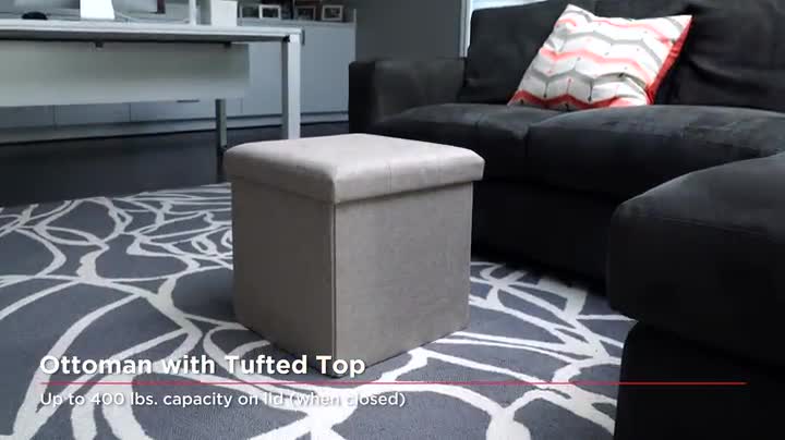 Seville Classics 30" White Boucle Storage Ottoman Bench - Cushioned Lid, Foldable Frame, Footrest