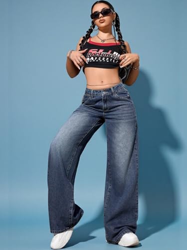 Image of KOTTY Women's Wide Leg Denim Jeans | Relaxed Fit High Rise Fashion Jeans for Casual Wear