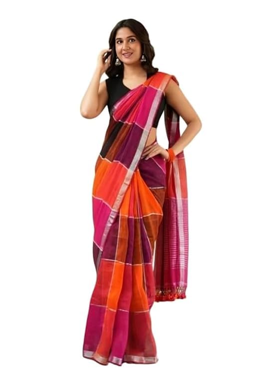 Cotton Saree for Women Red & Orange | Printed Linen Cotton Saree with Latkan Work | Soft Lightweight Fabric | Unstitched Blouse Piece-image-11