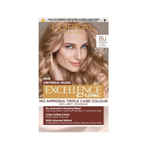 L'Oréal Paris Excellence Universal Nudes Hair Colour, Ammonia-Free, Micro-Keratine, Triple Care, 100% Grey Coverage, Radiance Boosting, 8U Universal Light Blonde