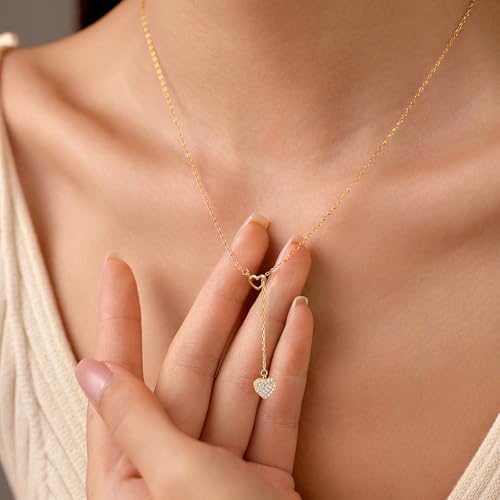 Lariat Y Heart Necklace for Women, 925 Sterling Silver CZ Heart Tassel Long Chain Choker Necklace to Daughter Mother Infinity Love Teardrop Minimalist Pendant Charm Fashion Wedding Jewelry Gift2