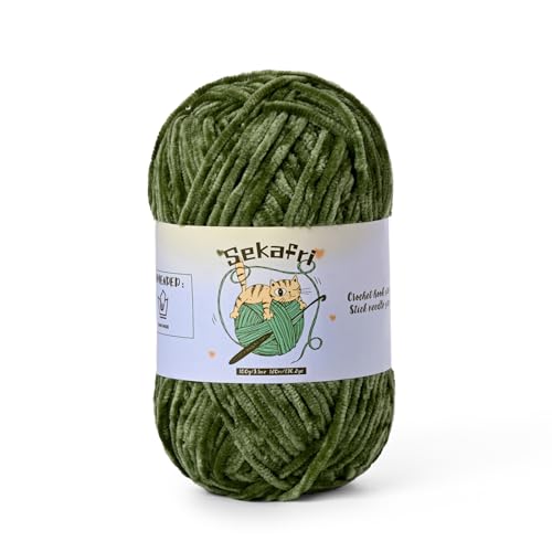 Image of Fuzzy Chenille Yarn for Crocheting, Fluffy Amigurumi Crochet Yarn for DIY Craft /Hat /Shoes, (100g /197yds) Soft Velvet Baby Blanket Yarns(Army Green)