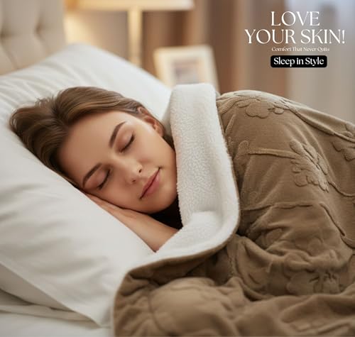 Image of VAS COLLECTIONS Faux Fur Jacquard Tufted Sherpa Blanket | 600 GSM Heavyweight Ultra-Soft & Super Warm Double Bed Blanket | 225 x 220 cm | 5D Embossed Floral Design | Heavy Winter Use - 3 kg, Brown