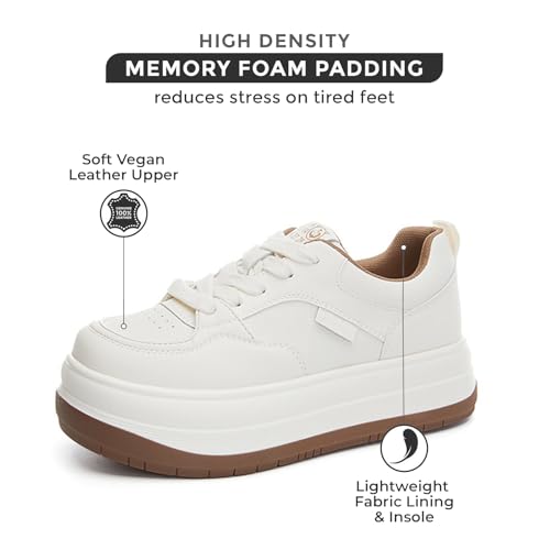 White Platform Chunky Wide Toe Sneakers for Women Leather Lightweight Lace Up Soft Sole Stylish Tennis Casual Walking Shoes2