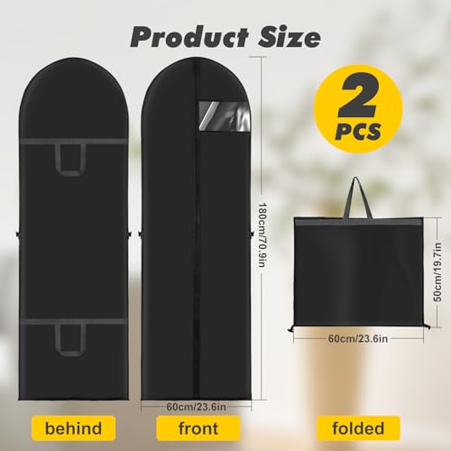 YSWOVUO 2 Stück Kleidersack Lang, Kleidersäcke mit Reißverschluss 180×60cm, Faltbarer Kleiderhüllen Schwarz mit Sichtfenster für Mäntel, Anzüge, Kleide, Staubdicht Kleiderschutzhülle für Reise