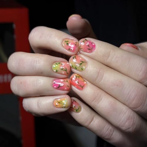 Image of Ombre Floral Press on Nails Short Square Fake Nails Gradient Pink Yellow with Green Branch Design Glossy Full Cover Stick on False Nail for Women Daily Manicure 24Pcs